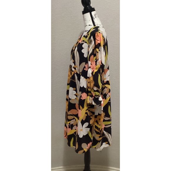 Who What Wear Black Floral Boho Tunic Dress With 3/4 Ruffle Sleeves & Back Butto - Picture 3 of 5